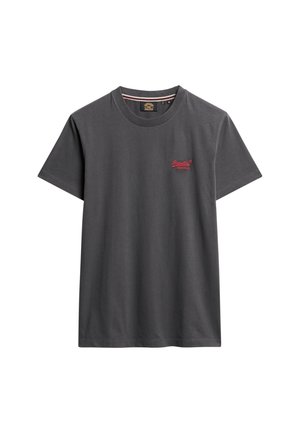 Grå bomulds T-shirt med korte ærmer, rund halsudskæring og et lille rødt logo på venstre bryst. Glat tekstur og almindelig pasform.