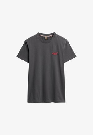 Gray cotton T-shirt with short sleeves, crew neck, and a small red logo on the left chest. Smooth texture and standard fit.