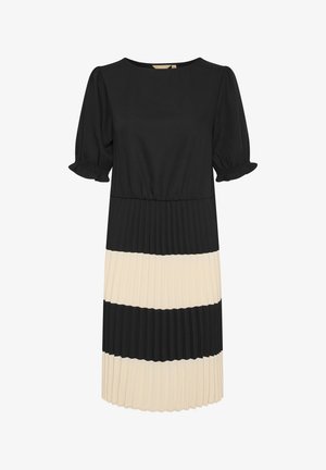 Vestido con plisados que presenta un escote redondo, mangas cortas abullonadas y un diseño a bloques de color con franjas horizontales alternas en negro y crema.