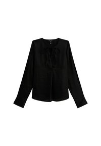 Blusa nera a maniche lunghe realizzata in tessuto morbido, con scollatura rotonda, dettaglio con nodo frontale e polsini con bottone.