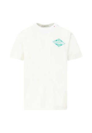 Witte T-shirt met korte mouwen en klein turquoise diamantlogo op de linkerborst met de tekst "MIAMI REPLAY PALACE FLORIDA."