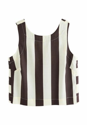 Sleeveless top with wide shoulder straps, featuring alternating dark brown and cream vertical stripes, made from lightweight fabric.
