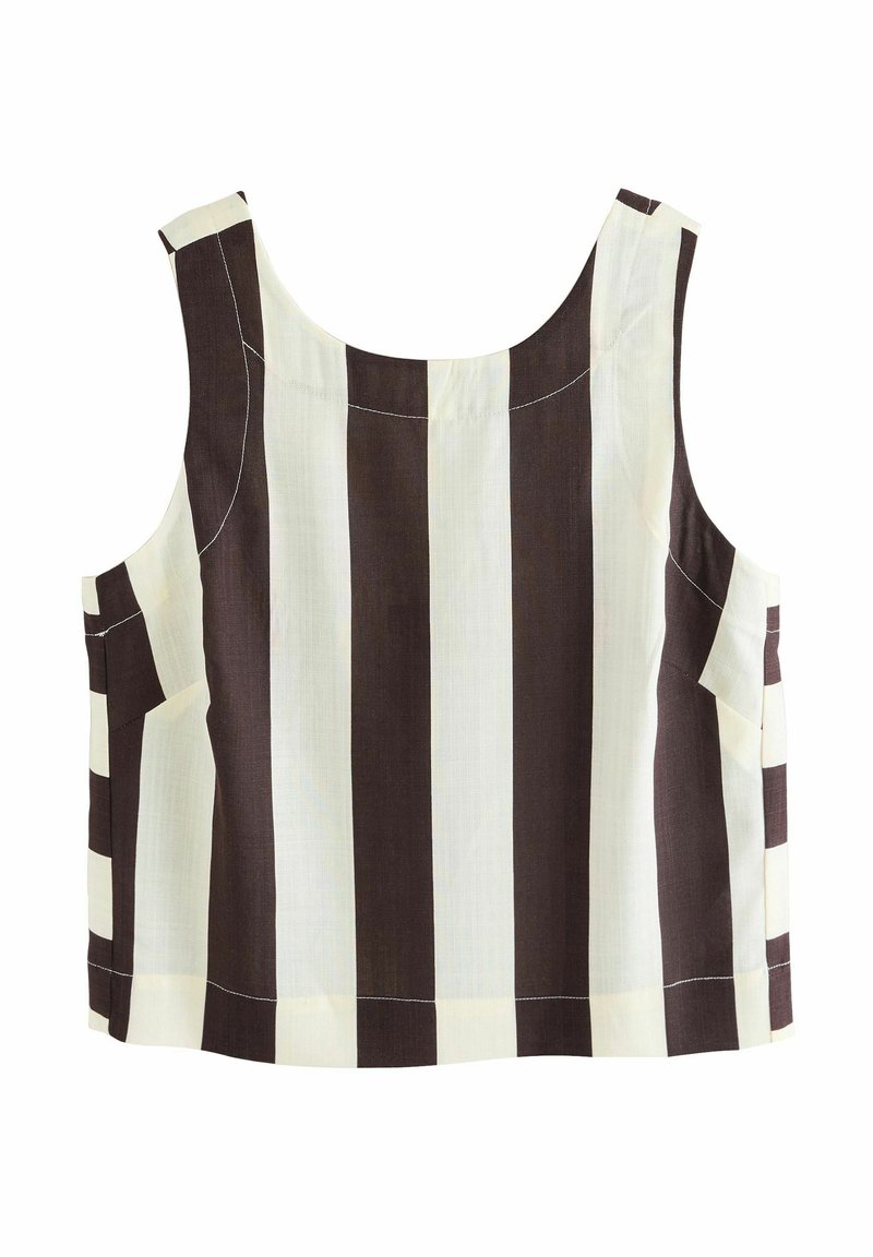 Top senza maniche con spalline larghe, caratterizzato da righe verticali alternate di marrone scuro e crema, realizzato in tessuto leggero.