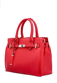 Red leather handbag with dual handles, silver hardware, a structured shape, decorative belt detail, and logo tag attached.