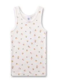 White tank top featuring a scattered floral print in yellow and pink, with small crown motifs. Soft fabric and sleeveless design.