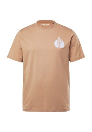 Beige Baumwoll-T-Shirt mit kurzen Ärmeln, das ein weißes Kaktus-Graphic auf der linken Brustseite zeigt, runder Halsausschnitt und lockere Passform hat.