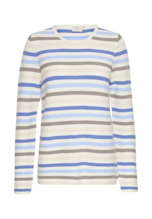 T-shirt à manches longues rayé en blanc, bleu et gris. Présente un col rond et un tissu texturé avec des rayures horizontales alternées.