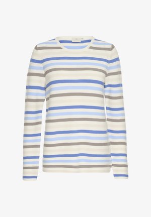 T-shirt à manches longues rayé en blanc, bleu et gris. Présente un col rond et un tissu texturé avec des rayures horizontales alternées.