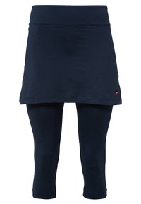 Falda deportiva azul marino con capri incorporado. Tejido suave y elástico; incluye una cinturilla y un pequeño logo en rojo en el lado izquierdo.