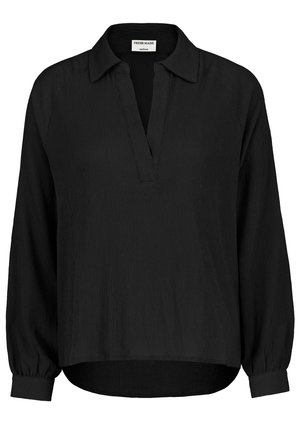 Schwarze Bluse mit langen Ärmeln und Kragen, aus strukturiertem Stoff und mit lässiger Passform. Ausgestattet mit elastischen Manschetten.