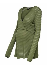 Pull de maternité vert olive à manches longues avec col en V et texture en maille côtelée.