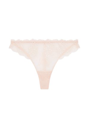 String in pizzo di colore rosa chiaro con motivo floreale, dotato di bordi ondulati e una fascia in vita testurizzata per il comfort. Materiale semi-trasparente.