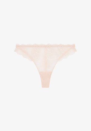 String in pizzo di colore rosa chiaro con motivo floreale, dotato di bordi ondulati e una fascia in vita testurizzata per il comfort. Materiale semi-trasparente.