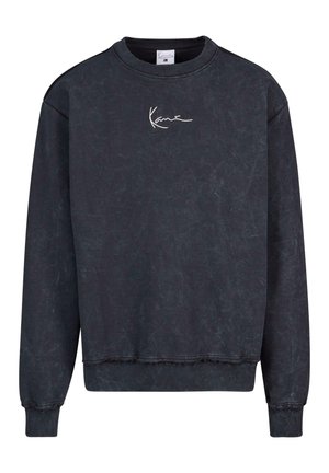 Black sweatshirt with a crew neck, textured fabric, featuring a white embroidered logo on the chest and ribbed cuffs and hem.