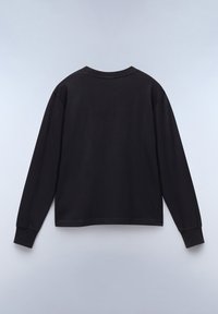 Zwarte langwerpige shirt met lange mouwen, ronde halslijn, ontspannen pasvorm en zachte katoenen stof. Mouwen eindigen met aansluitende manchetten. Achteraanzicht weergegeven.