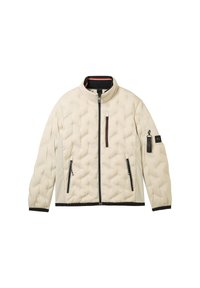 Helle, gesteppte Jacke mit hohem Kragen, zwei Seitentaschen, einer zip-feststellbaren Brusttasche und schwarzen Akzenten an den Bündchen und dem Saum.