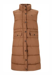 Bruine puffer vest met een hoge kraag, voorste drukknoopjes en twee zijzakken. Heeft gestikte panelen voor isolatie en een subtiele logodetail.