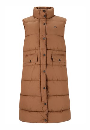 Brun puffervest med høj krave, frontknaplukning og to sidelommer. Har syede paneler til isolering og en diskret logodetalje.