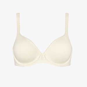 Biustonosz z fiszbinami, bezszwowy, w kolorze kości słoniowej, z regulowanymi ramiączkami, ozdobiony misterną koronką na krawędziach oraz małą kokardką na środku.