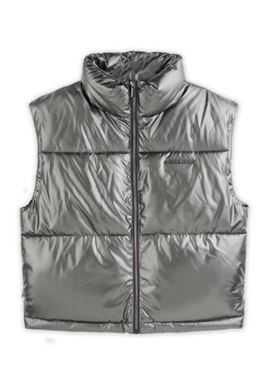 Padded gray vest with high collar, zip front, and shiny, smooth texture. Features horizontal quilted sections and a brand logo on the chest.