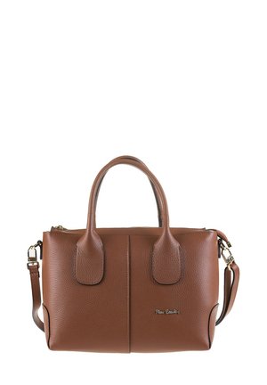 Borsa a tracolla in pelle marrone con due manici superiori, una tracolla removibile e chiusura con zip. Presenta una superficie testurizzata e un dettaglio del logo.
