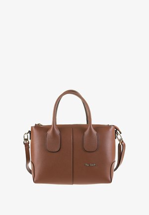 Bruine leren handtas met twee handvatten aan de bovenkant, een afneembare schouderriem en een ritsluiting. Bevat een gestructureerd oppervlak en logo-opdruk.