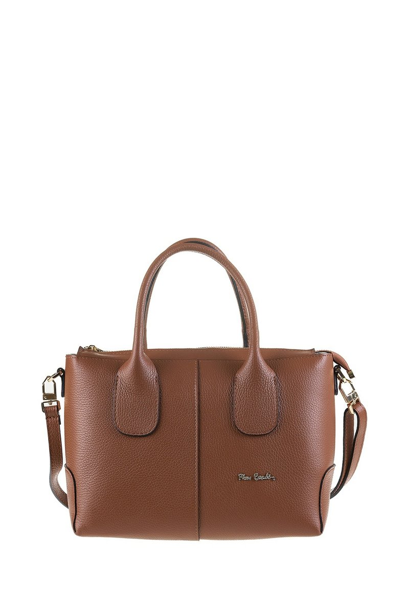 Sac à main en cuir marron avec deux poignées supérieures, une bandoulière amovible et une fermeture éclair. Présente une surface texturée et un détail de logo.