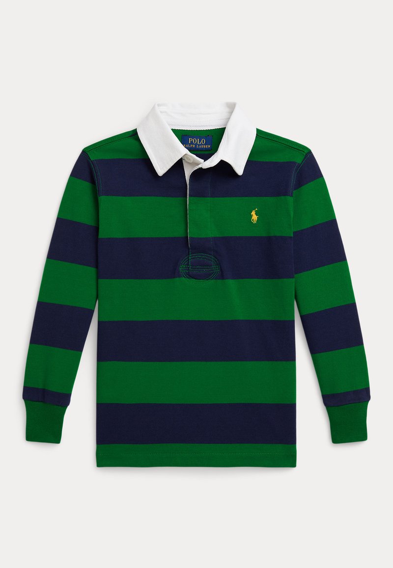 Polo de mangas longas com riscas horizontais verdes e azul-marinho, colarinho branco e um pequeno logótipo amarelo no peito. Tecido em algodão.