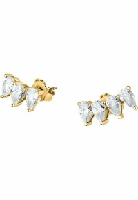Guld-tonede stud øreringe med tre dråbeformede klare krystaller i et klynge-design, der fremhæver en poleret overflade og en sikker bagside.