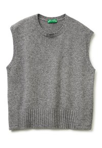 Šedý bezrukávový pletený svetr s kulatým výstřihem. Má žebrovaný lem a jemnou texturu. Na cedulce je napsáno "United Colors of Benetton."