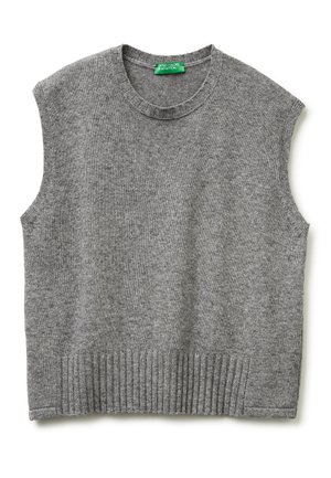 Szary bezrękawnik z dzianiny o okrąg�łym dekolcie. Posiada ribbingu u dołu oraz miękką teksturę. Metka informuje "United Colors of Benetton."