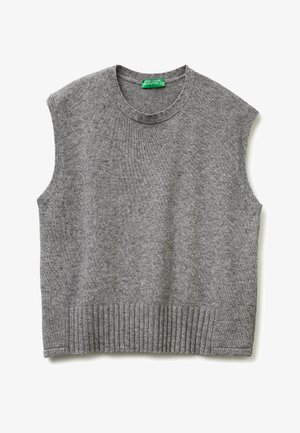 Maglione senza maniche grigio a maglia con scollatura rotonda. Presenta orlo a costine e una consistenza morbida. L'etichetta mostra "United Colors of Benetton."