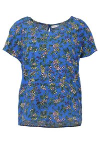 Modrý krátký rukáv top s květinovým vzorem, který obsahuje růžové, žluté a zelené květiny. Kulatý výstřih a malý klíčový otvor na zádech.