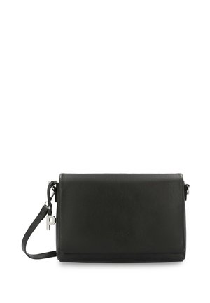 Black leather crossbody bag with flap closure, adjustable strap, and silver "P" charm on a white background.