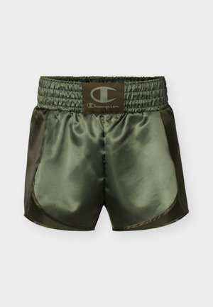Olive rohelised satiinist Champion spordipüksid, millel on elastne kõrge vöökoht ja logo-märgis ees keskel.