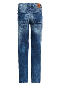 Blaue Jeans aus Denim mit einem verblassten Finish, geradem Bein, fünf Taschen und einem Leder-Label auf dem hinteren Bund.