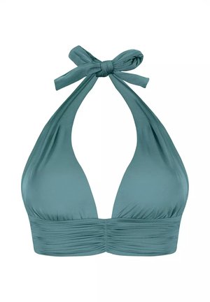 Bikini top w kolorze turkusowym z wiązaniem na szyi. Posiada głęboki dekolt oraz marszczoną teksturę wzdłuż pasa dla dodatkowego efektu.