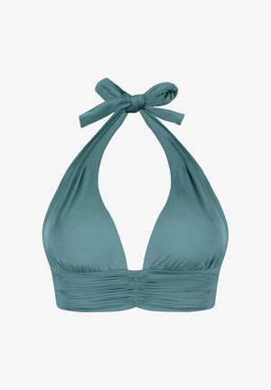 Bikini top w kolorze turkusowym z wiązaniem na szyi. Posiada głęboki dekolt oraz marszczoną teksturę wzdłuż pasa dla dodatkowego efektu.