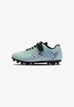 Jugendgroßer irisierender Fußballschuh mit schwarzen Schnürsenkeln, schwarzer Sohle und schwarzem Riemen mit der Aufschrift "Top Star" an der Seite.