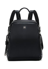 Un sac à dos noir avec un devant en faux cuir lisse et un dos texturé en croco embossé. Comprend des bretelles doubles et un détail en logo argenté à l'avant.