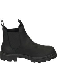 Stivale Chelsea nero con texture liscia, pannelli laterali elasticizzati, linguette e suola robusta con scolpitura pronunciata.