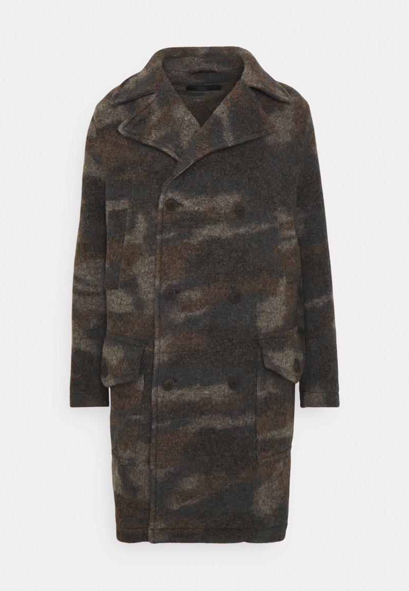 Dobbeltbrystet uldfrakke i brun og grå med camouflagemønster, store revers og to forlommer. Tekstileret, varmt stof.