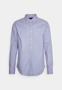 Camicia a maniche lunghe a righe verticali di colore azzurro chiaro e rosa, con colletto button-down e un piccolo logo sul petto. Realizzata in cotone.