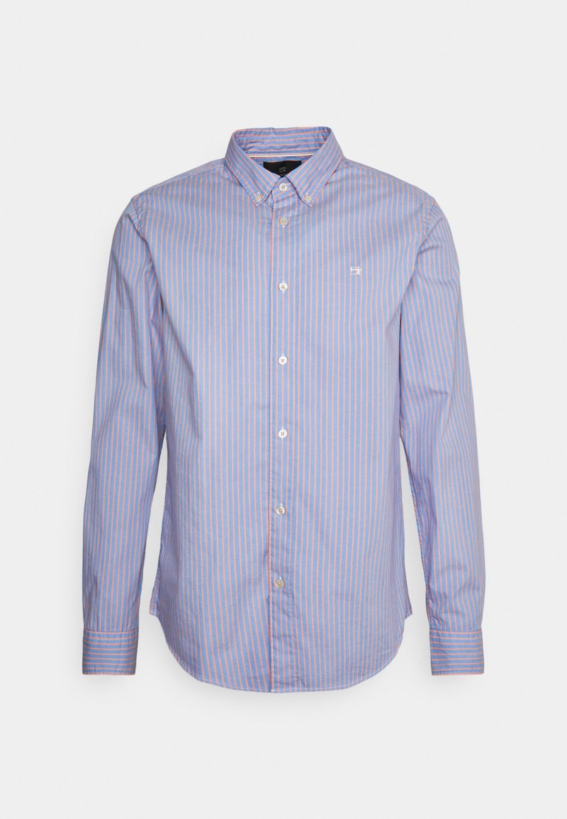 Camicia a maniche lunghe a righe verticali di colore azzurro chiaro e rosa, con colletto button-down e un piccolo logo sul petto. Realizzata in cotone.