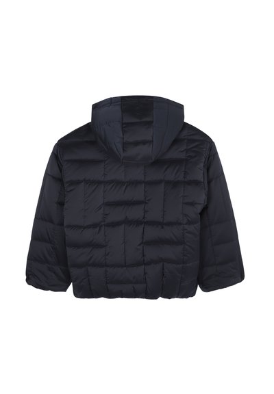 Dark blue puffer jacket with a hood, featuring a quilted pattern and elastic cuffs, displayed from the back.
