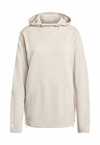 Felpa con cappuccio beige chiaro, dotata di tasca a canguro, dettagli di cucitura sottili e un piccolo logo giallo sul lato sinistro del petto. Tessuto dalla texture liscia.