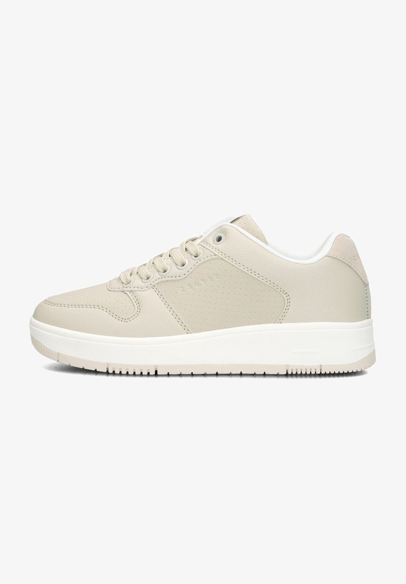 Light beige sneakers with a smooth leather upper, perforated design on the side, round toe, and white rubber sole. Subtle accents on the heel.
