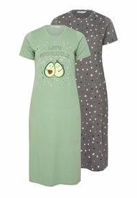 Två korta klänningar: en grön med texten "LÅT OSS KRAMAS" och en grafik av avokado; den andra grå med ett mönster av rosa hjärtan och stjärnor.