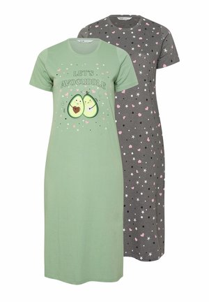 Kaksi lyhyttä mekkoa: toinen vihreä, jossa on teksti "LET'S AVCUDDLE" ja avokadon graafinen kuva; toinen harmaa, jossa on vaaleanpunaisia sydämiä ja tähtiä.