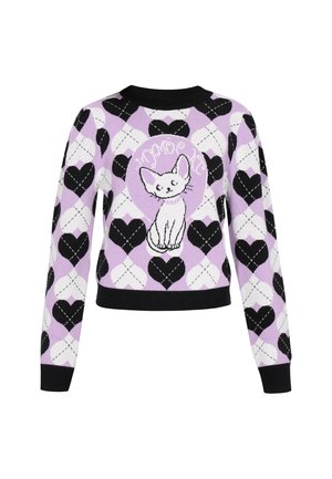 Maglione lavorato a maglia in lavanda, nero e bianco. Presenta motivi a cuore e una grafica centrale di un gatto. Collo e polsini a coste neri.